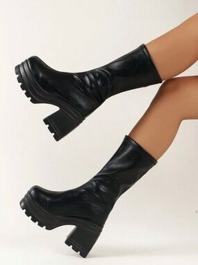Black Mid-Calf Leather Chunky Platform Boots